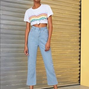 SOLID BUTTON WAIST CROPPED JEANS